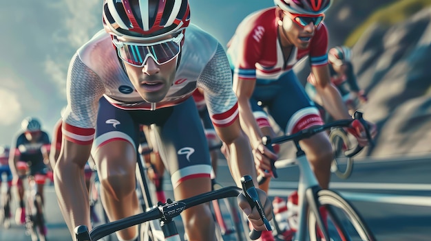 a group of cyclists with professional racing sports equipment riding on an outdoor cycling route