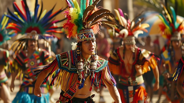 A group of dancers in traditional Mexican perform a traditional dance during a festival