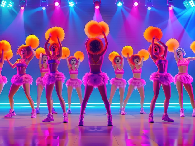 a group of dancers with orange hair and a pink wig on their back