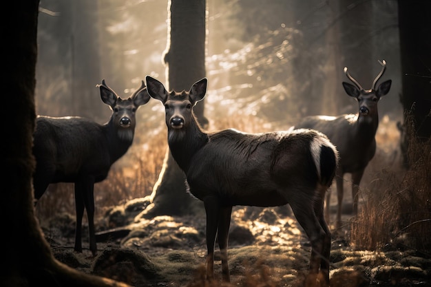 A group of deer in a forest with the sun shining on the background