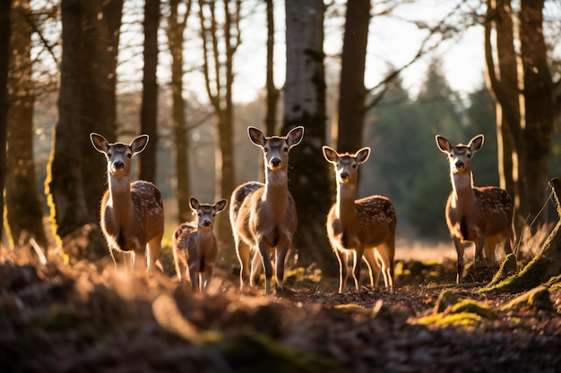 a group of deer standing in a forest