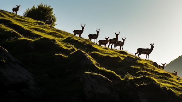 a group of deer standing on top of a grass covered hillside