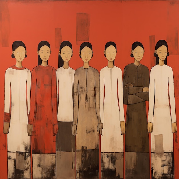 A group of depress people standing in a row on a red background