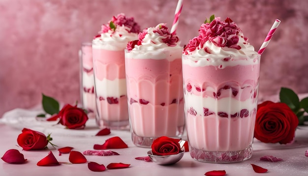 a group of desserts with flowers and a strawberries in the middle