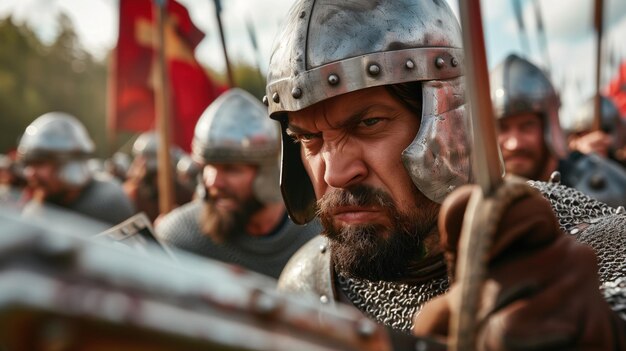 Photo a group of determined medieval warriors clad in armor stands ready holding their shields and weapons as they prepare for an upcoming battle in a vibrant outdoor setting