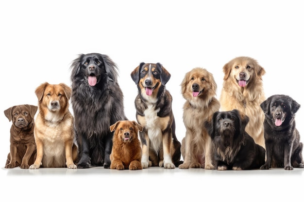 Group of different breeds of dogs on a white background