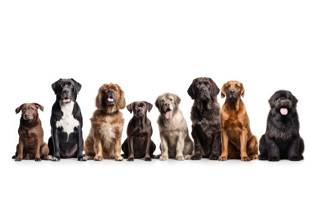 Group of different breeds of dogs on a white background