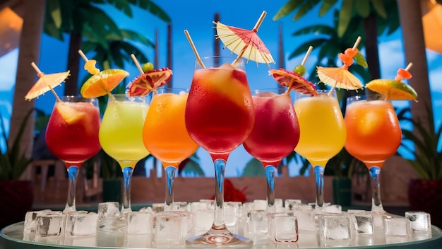 Photo a group of different colored cocktails are on a table with a palm tree in the background