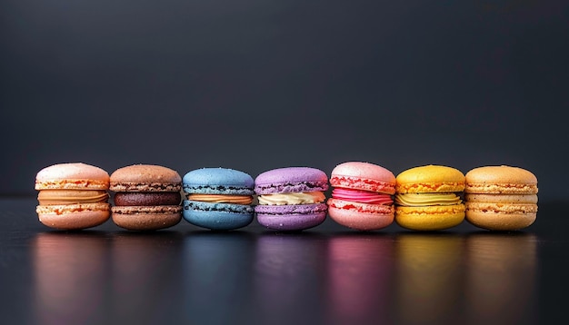 a group of different colored Macaroons in dark background