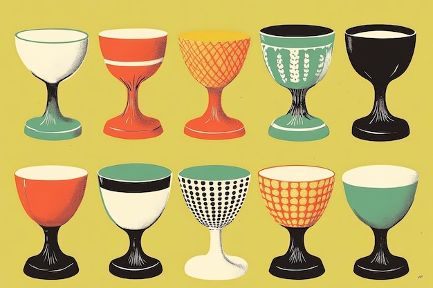 Photo a group of different colored wine goblets on a yellow background