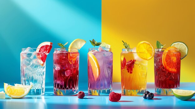 Photo a group of different drinks with berries and strawberries