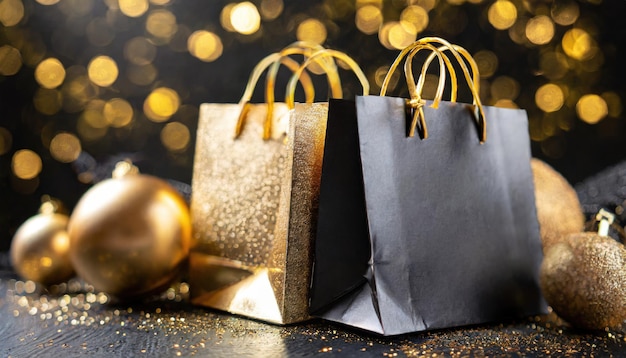 Group of different gold shopping bags over black background new year and black Friday concept AI generated