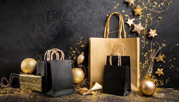 Group of different gold shopping bags over black background new year and black Friday concept AI generated