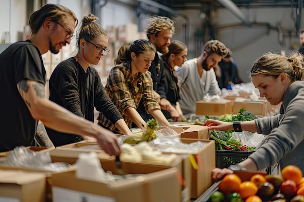 Photo group of different people volunteering at a foodbank for poor people