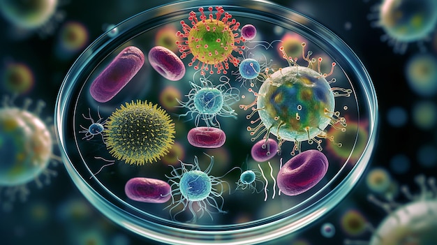 Photo group of different types of microscopic bacteria or microbes