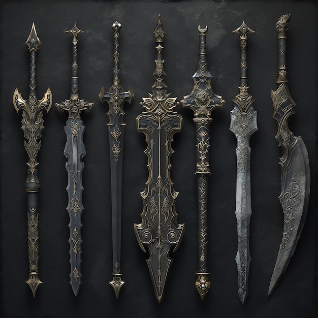 A group of different types of swords on a black background