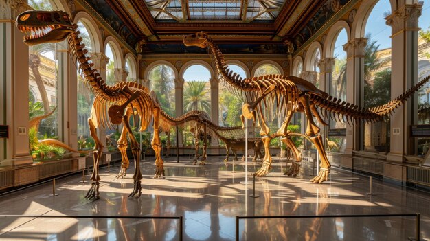 Photo a group of dinosaur models are on display in a room with arched ceilings generative ai