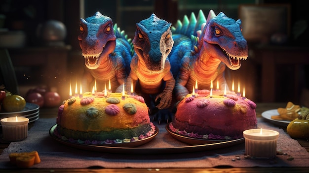 A group of dinosaurs are lit up by candles.