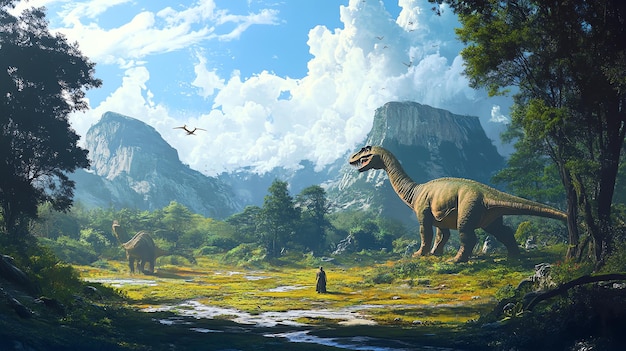 Photo a group of dinosaurs roam through a prehistoric landscape