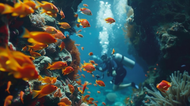 A group of divers led by a marine biologist explore an underwater cave filled with colorful fish and