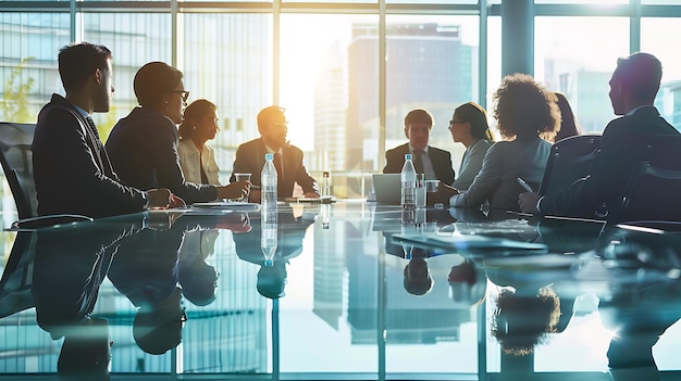 A group of diverse business professionals sitting around a conference table having a meeting