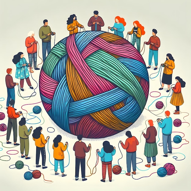 A group of diverse cartoonstyle people gathered around a large intricate ball of yarn