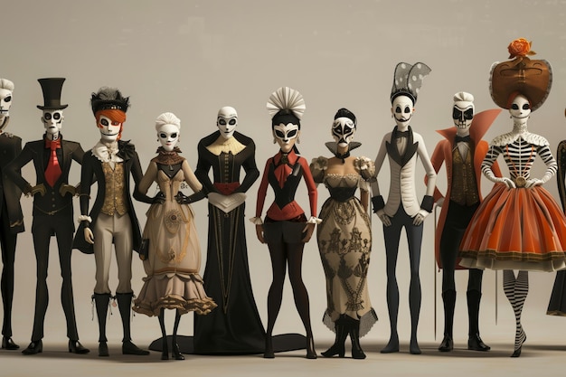 Group of diverse characters in elaborate masquerade costumes posing together