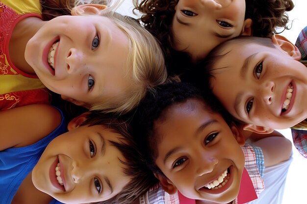 Group of diverse cheerful fun happy multiethnic children outdoors