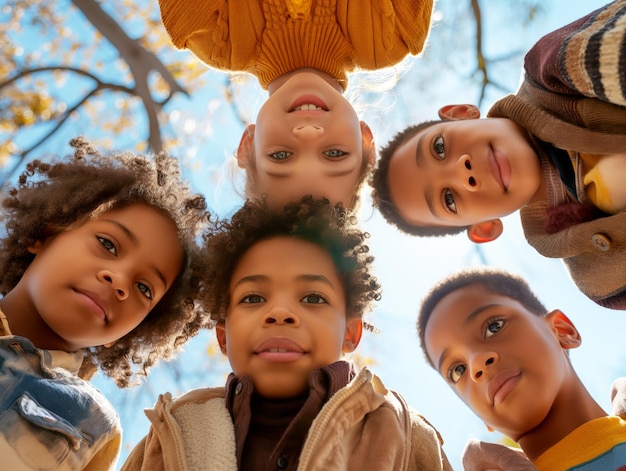 Photo a group of diverse children looking down at the camera with a sunny sky in the background concept of friendship generative ai