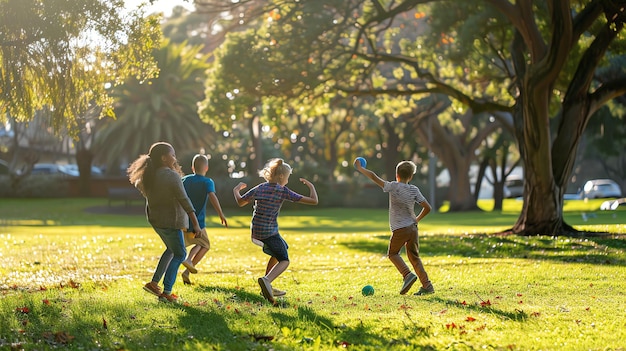 A group of diverse children playing a game of catch in a sunny park