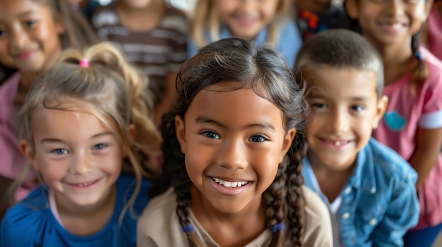 Group of diverse elementary school children smiling at the camera