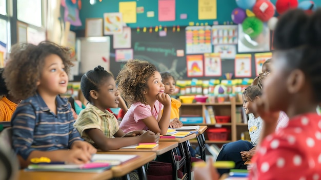 A group of diverse elementary school students sitting at their desks in a