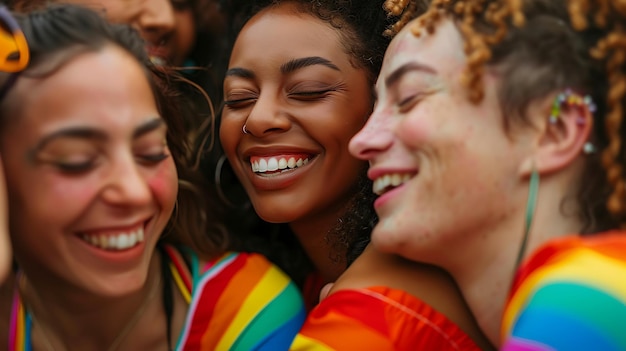 A group of diverse friends are laughing and hugging They are all wearing colorful clothes and seem to be enjoying themselves