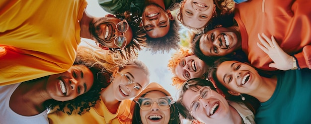 Group of diverse friends is making a circle together outdoors having fun and laughing