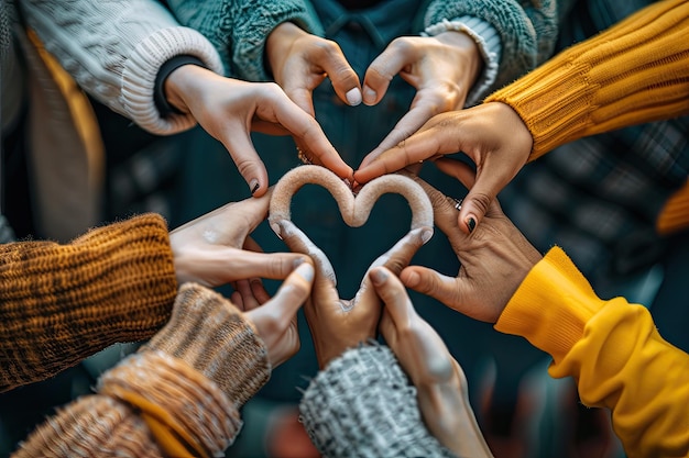 Photo a group of diverse hands forming a heart shape