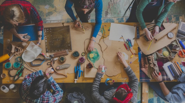 Group of diverse individuals collaborating on creative project around a table showcasing their artistic talents and sharing ideas