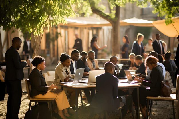 Photo group of diverse individuals engaging in a wellinformed discussion in outdoor setting