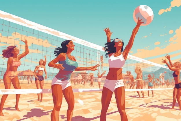 A group of diverse individuals partaking in a lively game of beach volleyball on a sunny day