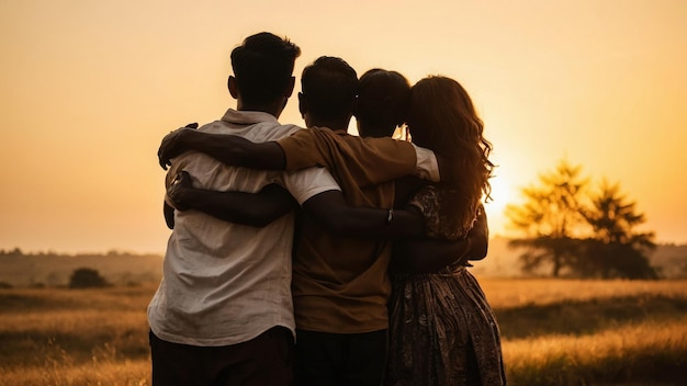 A group of diverse individuals their backs turned towards us embracing in a warm and heartfelt hug