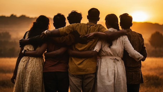 A group of diverse individuals their backs turned towards us embracing in a warm and heartfelt hug