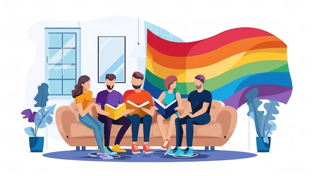 Photo a group of diverse people are sitting on a couch in front of a rainbow flag they are all reading books