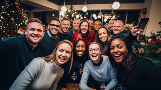 A group of diverse people celebrating at a business Christmas party joy and festive decorations