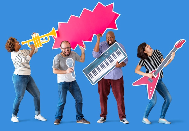 Photo group of diverse people enjoying music instruments