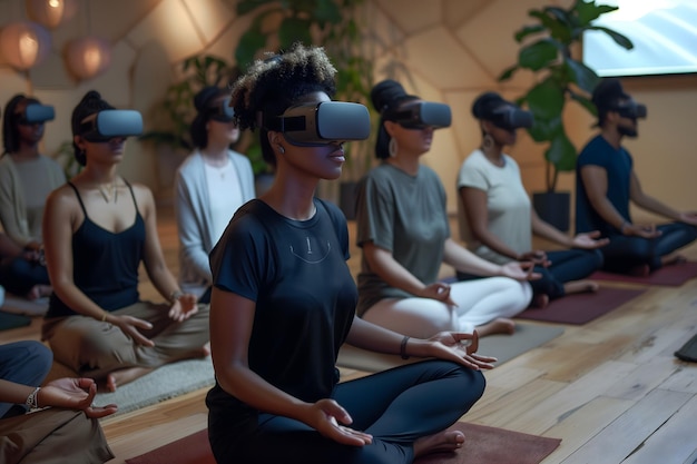 Group of diverse people meditating wearing virtual reality VR glasses Practicing future Meditation