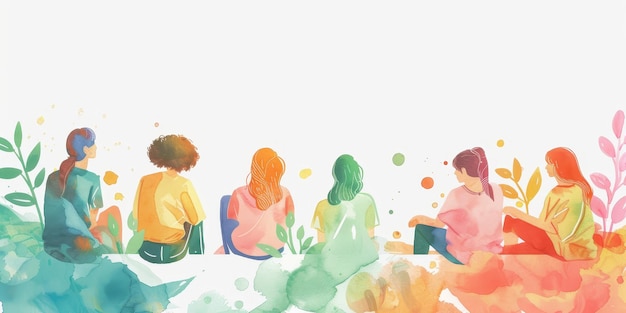 A group of diverse people sitting in a row with watercolor background