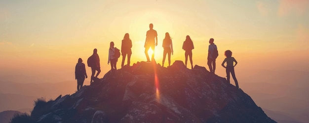 A group of diverse people standing on a mountaintop at sunrise with a beautiful landscape in the background