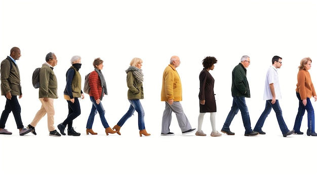 A group of diverse people walking in a line against a white background