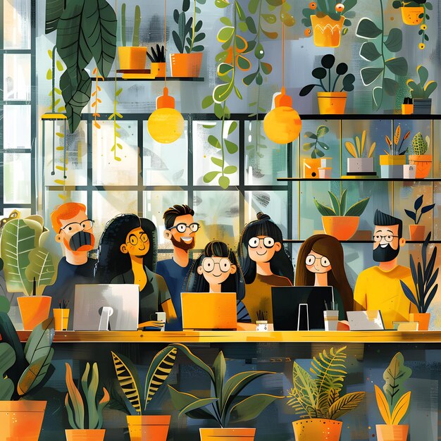 Photo group of diverse people working in a plantfilled cafe