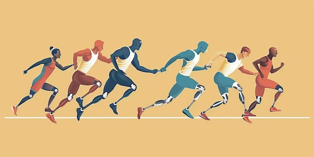 A group of diverse runners in a relay race passing the baton to each other