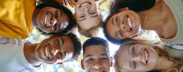 Group of diverse students forming a circle outdoors smiling and looking down at the camera